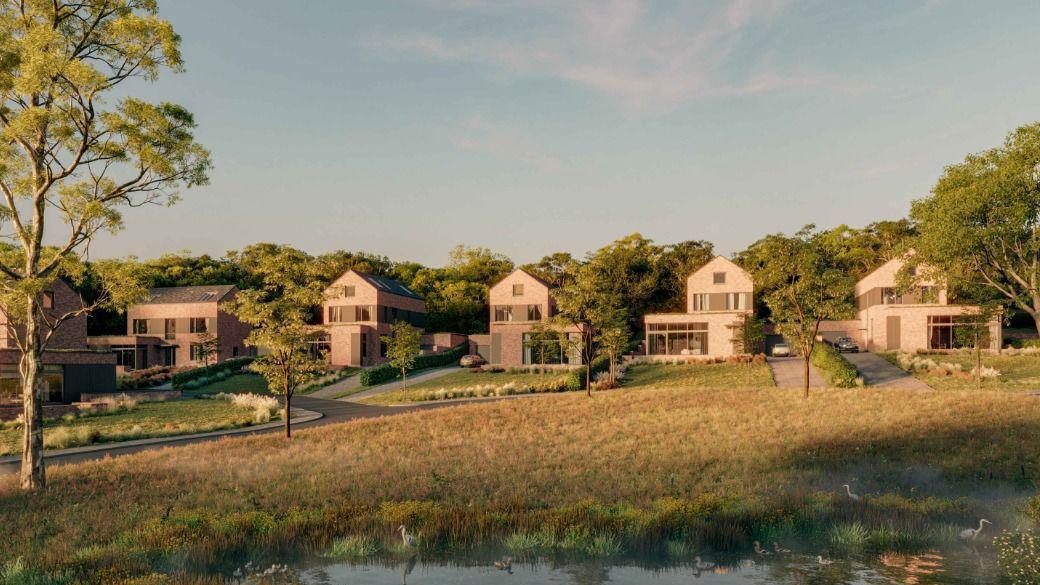 A computer-generated image showing five large detached red-brick homes with glass fronts. Trees surround the properties and a field and pond sit in front. 