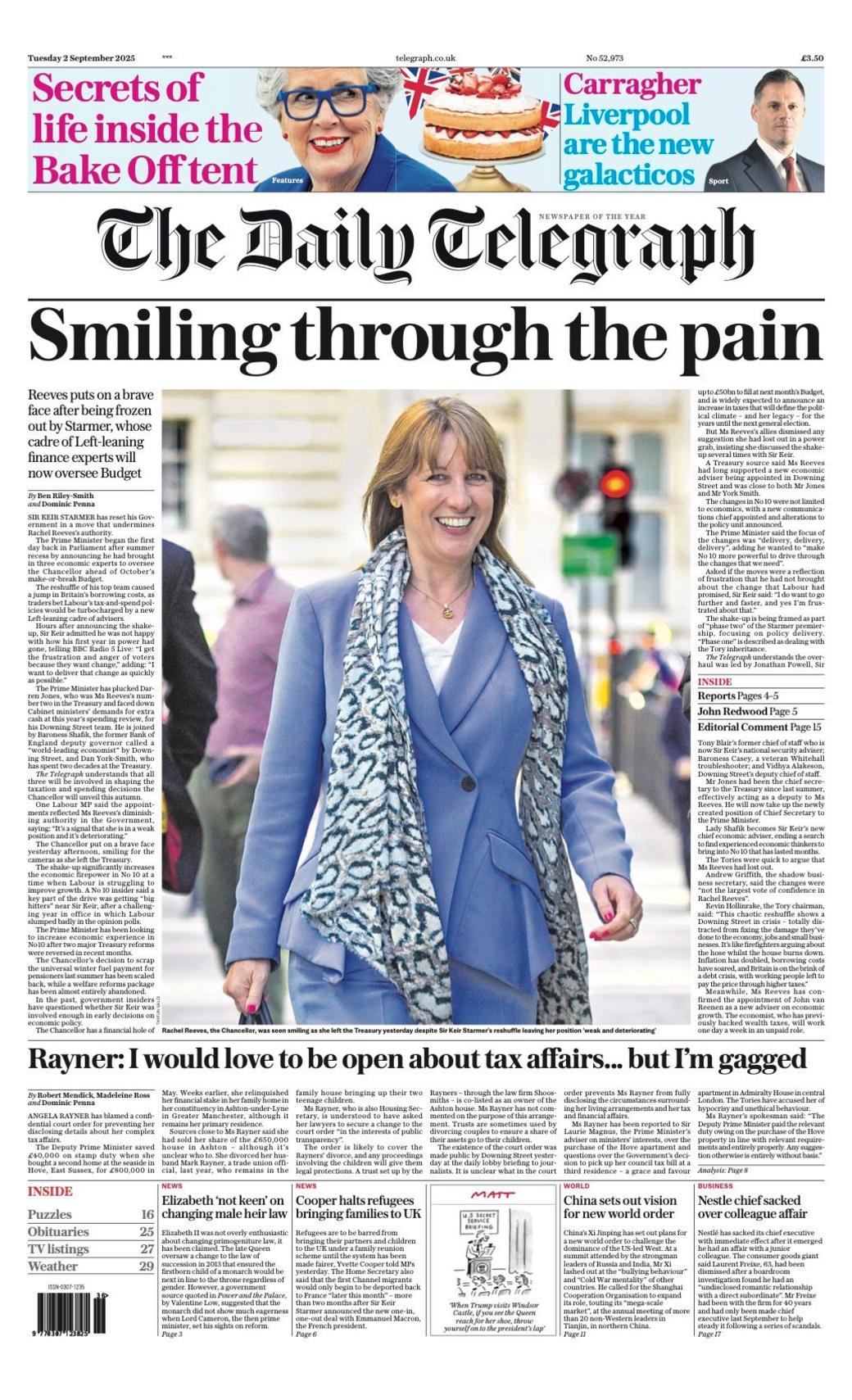 The headline on the front page of the Daily Telegraph reads: "Smiling through the pain".
