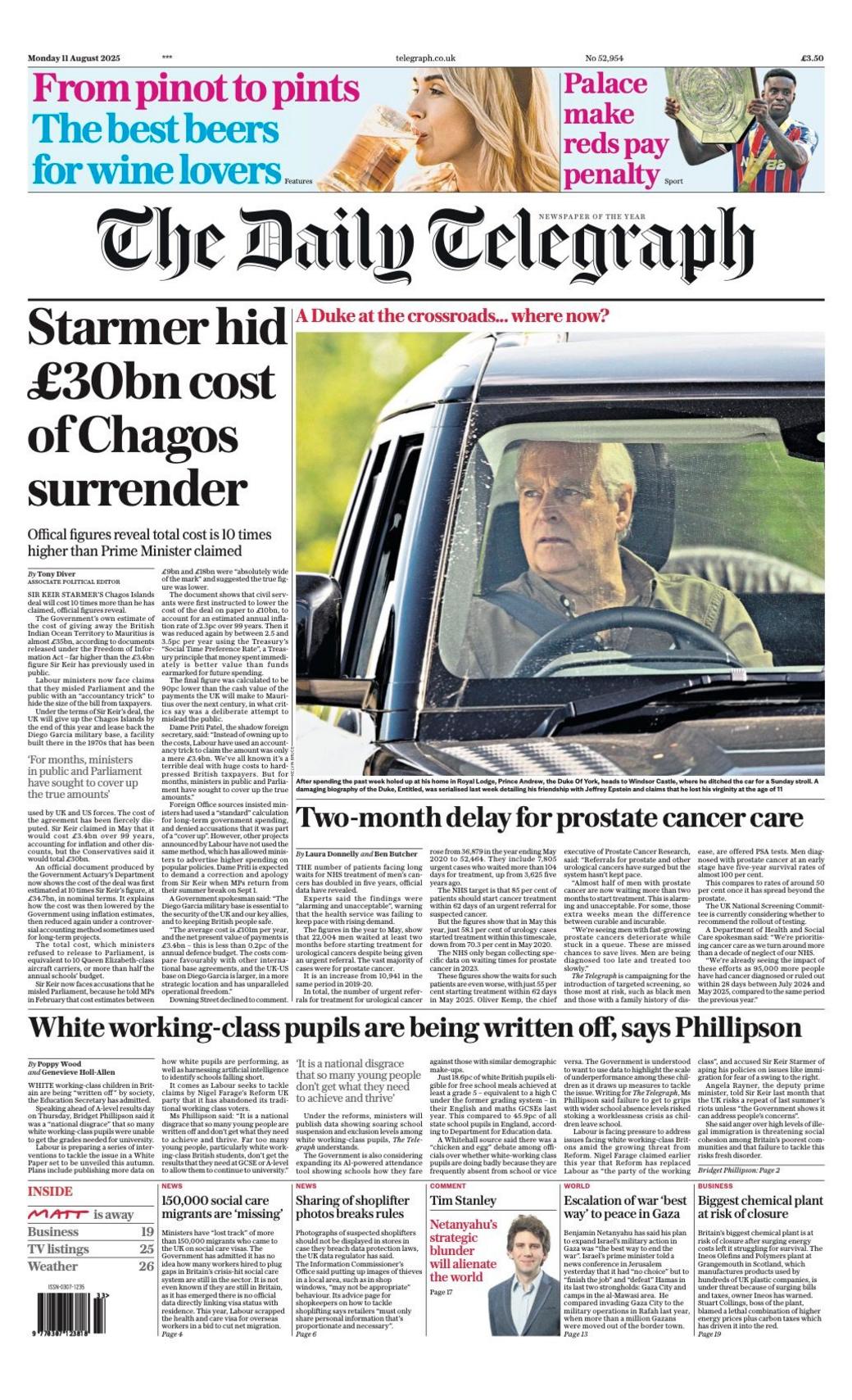 The headline on the front page of the Daily Telegraph reads: "Starmer hid £30bn cost of Chagos surrender".