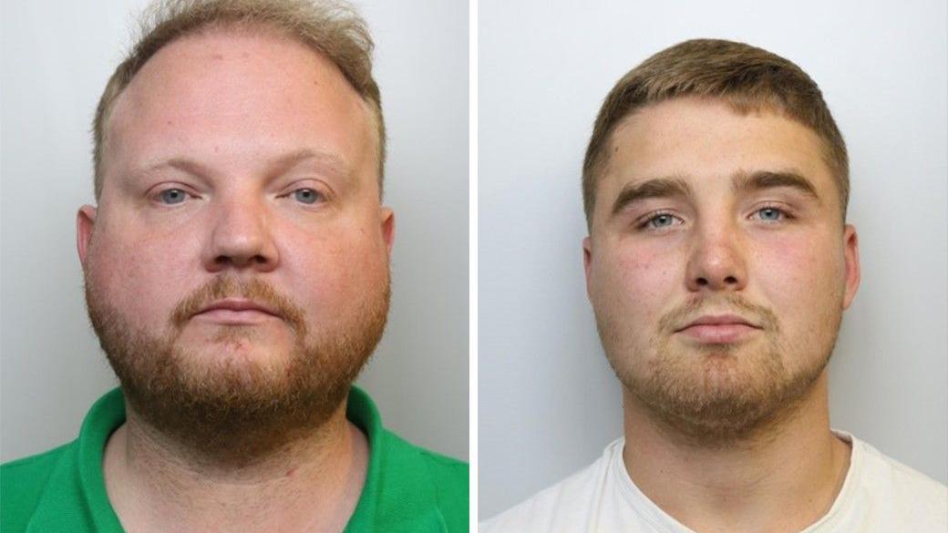 Police mug shot of two individuals with plain background. The one of the left has a ginger beard and blue eyes with a green t-shirt on. The one on the right has a smaller beard/stubble and a white t-shirt on.