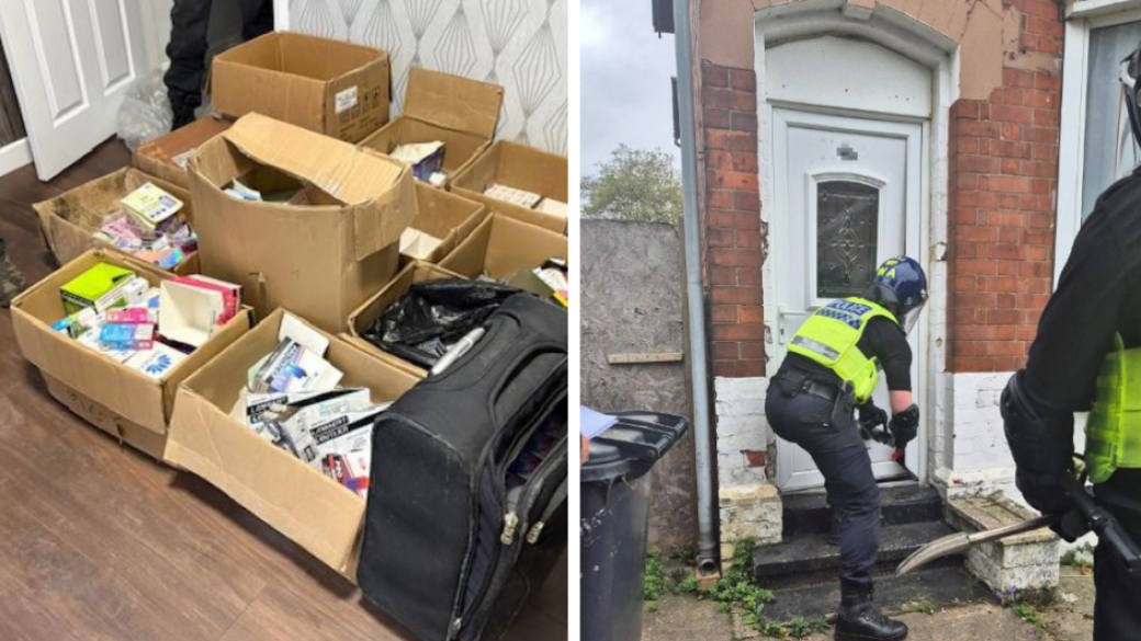 Two pictures. On the left a number of bags and boxes filled with vapes and cigarette packets on a wooden floor. On the right police wearing high viz tabards and black helmets break down a door of a brick building.