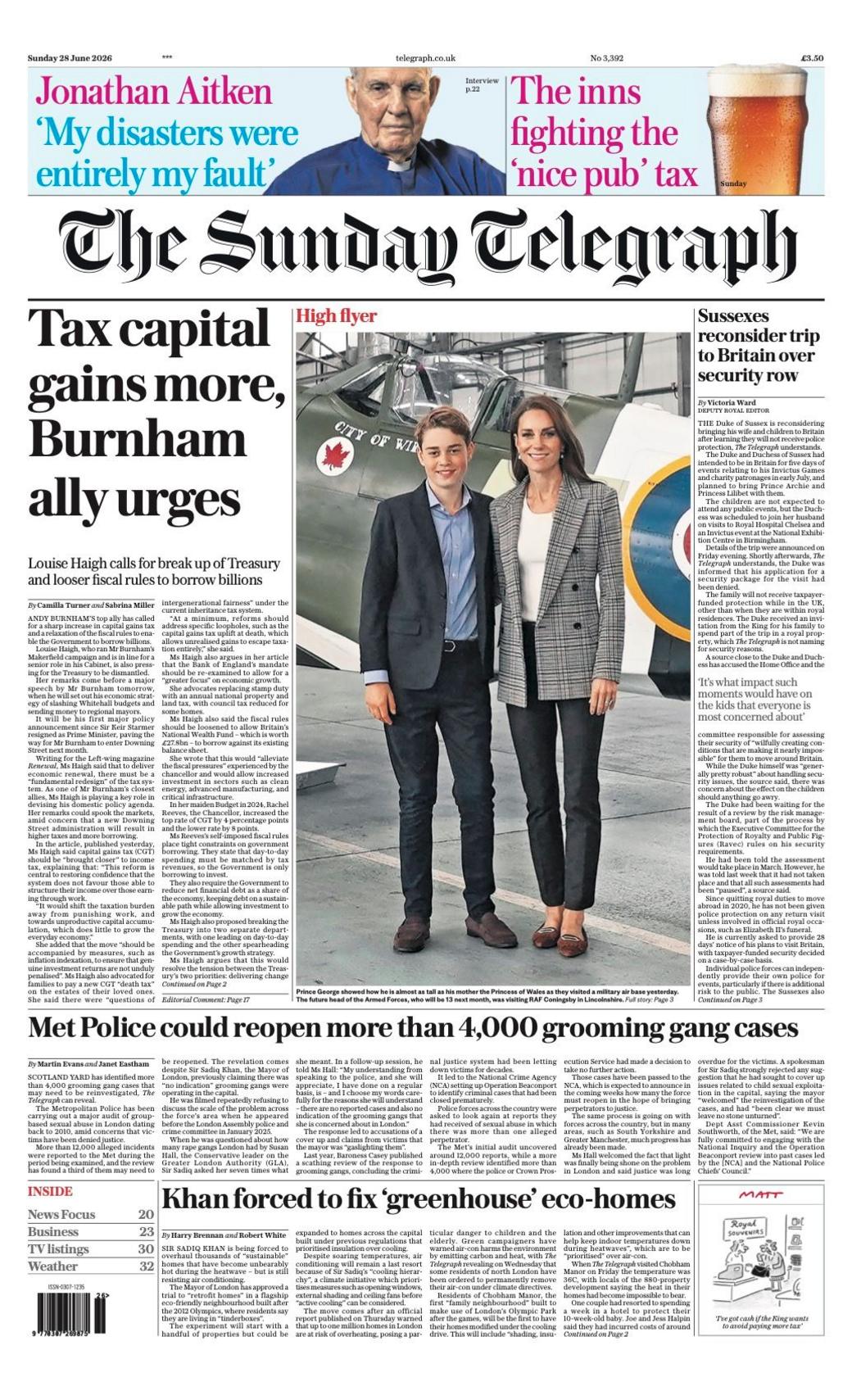 The headline on the front page of the Sunday Telegraph reads: "Tax capital gains more, Burnham ally urges."