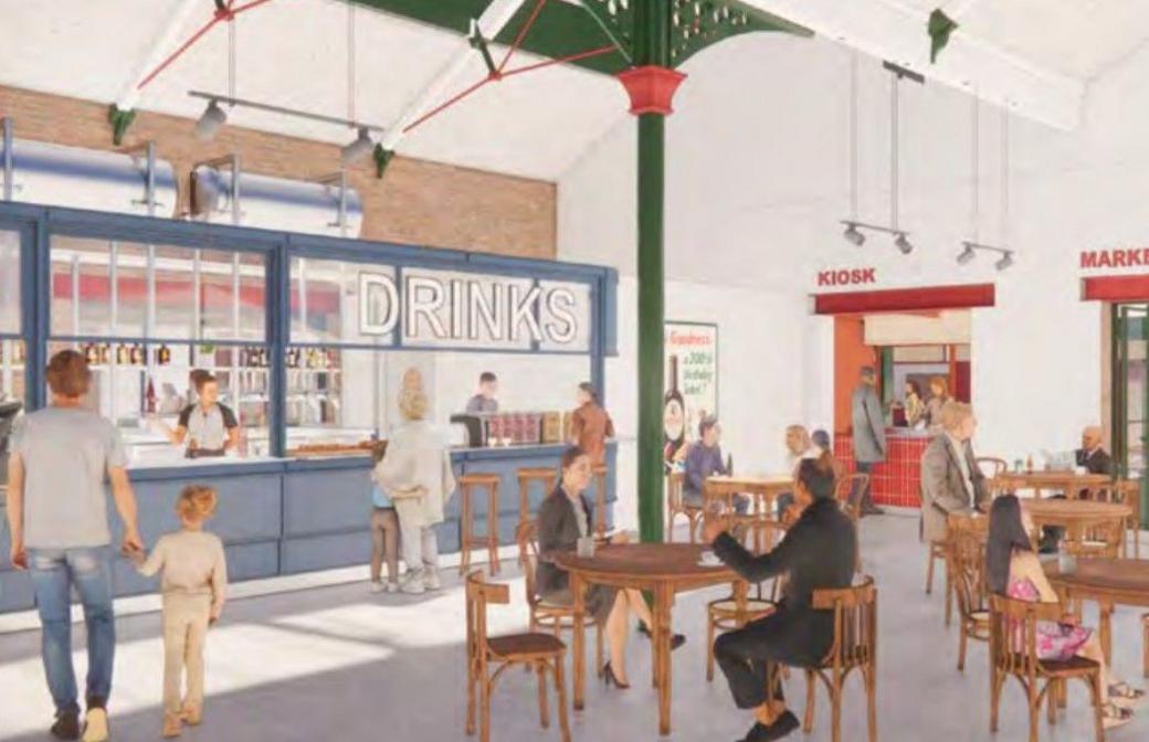 Artist's illustration: The blue-coloured bar has the word drinks in large letters above it, while the word kiosk is above the red and orange kiosk. People are sitting at tables in the foreground. Original wrought iron features are visible with more modern lighting.