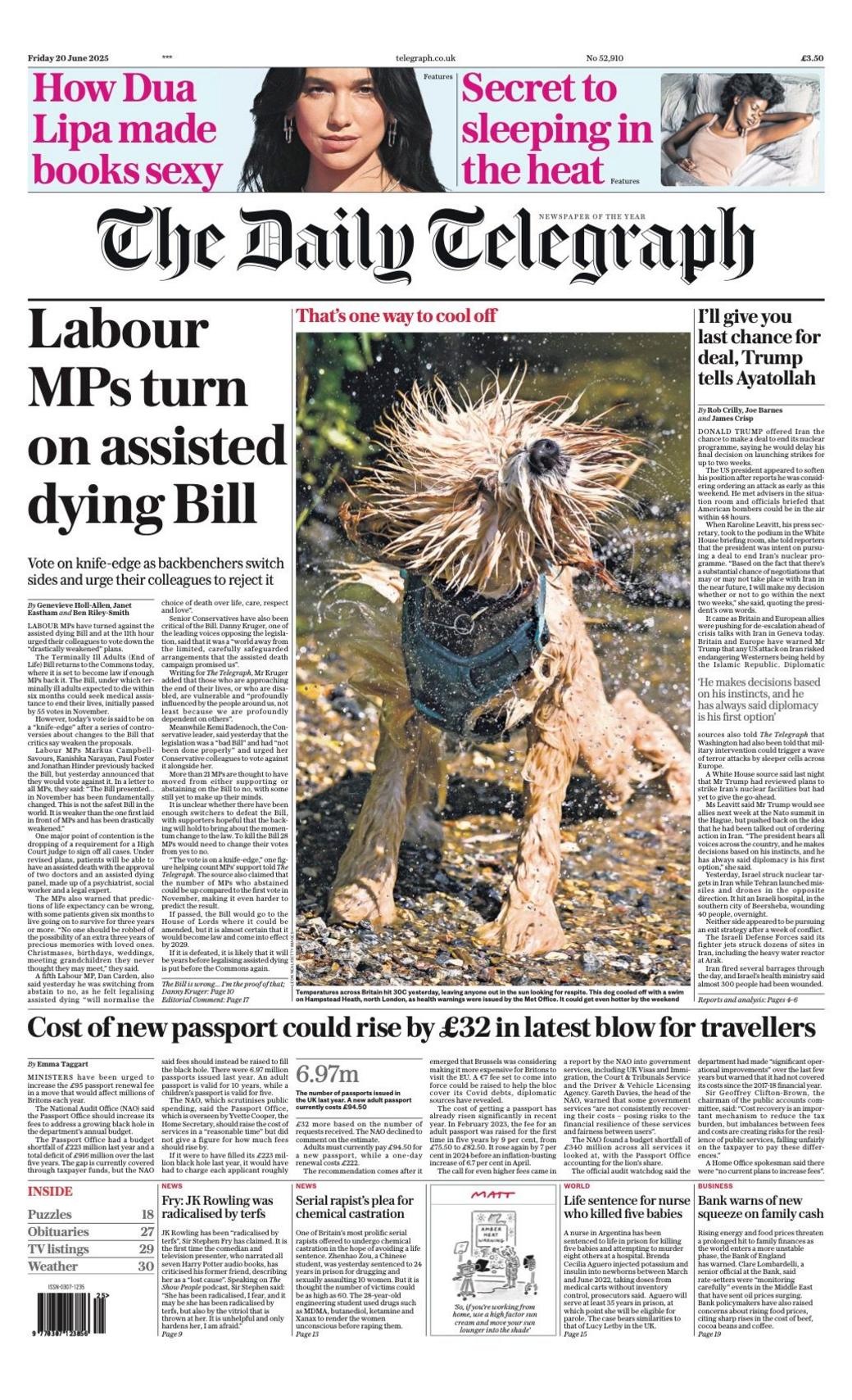 The headline on the front page of the Daily Telegraph reads: "Labour MPs turn on assisted dying bill".
