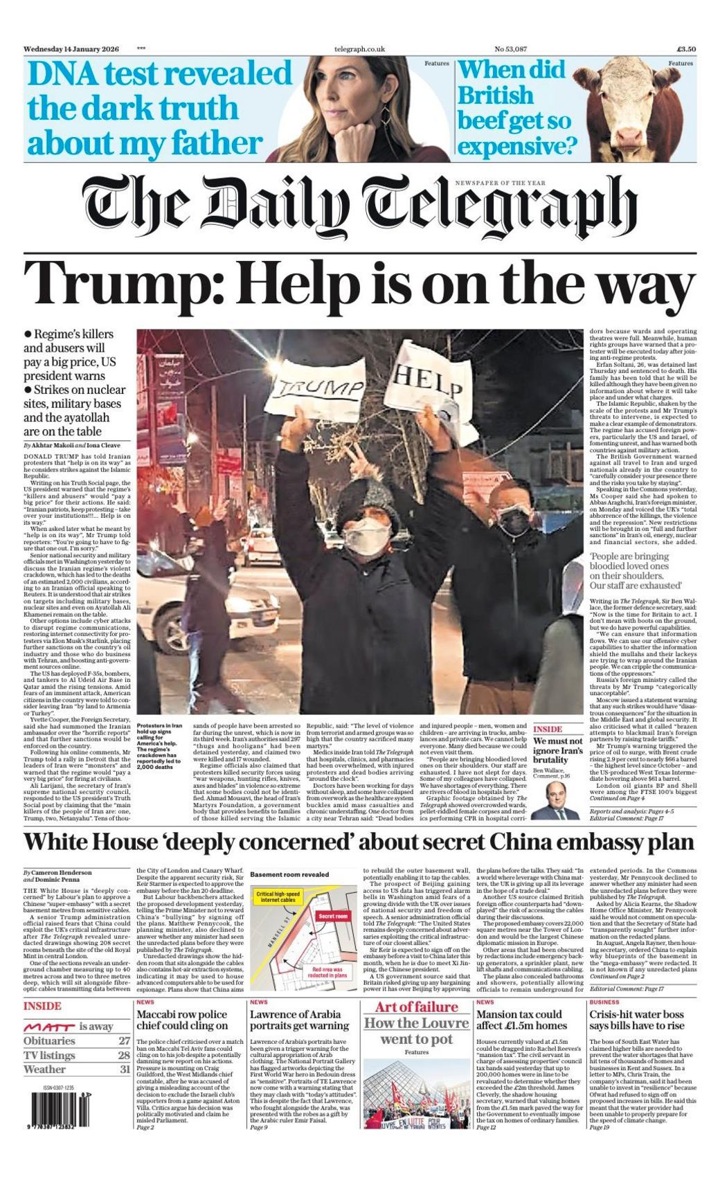Titulli në faqen e parë të Daily Telegraph thotë: “Trump: ndihma është duke ardhur.”