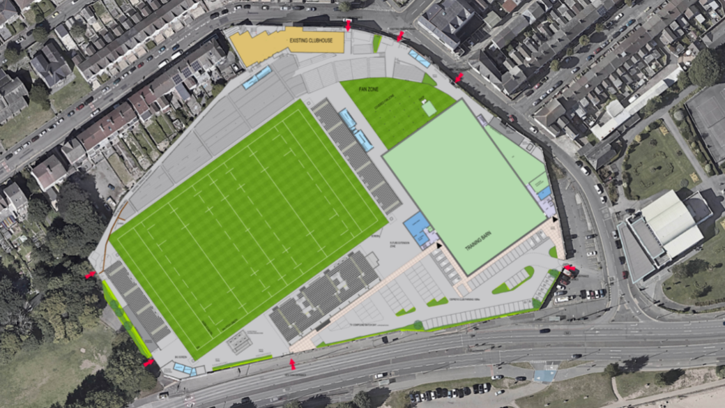 An aerial view of the stadium with drawn on sections indicating changes to the ground, and houses surrounding it.