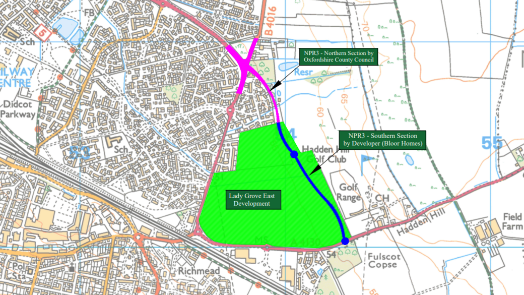 A map of Didcot shows where NPR3 will be built. The northern section, delivered by the county council is shaded in pink. The southern section, to be delivered by Bloor Homes, is shaded in navy. The road is shown to go east of the town, extending the A4130 down to Hadden Hill, by the golf course.