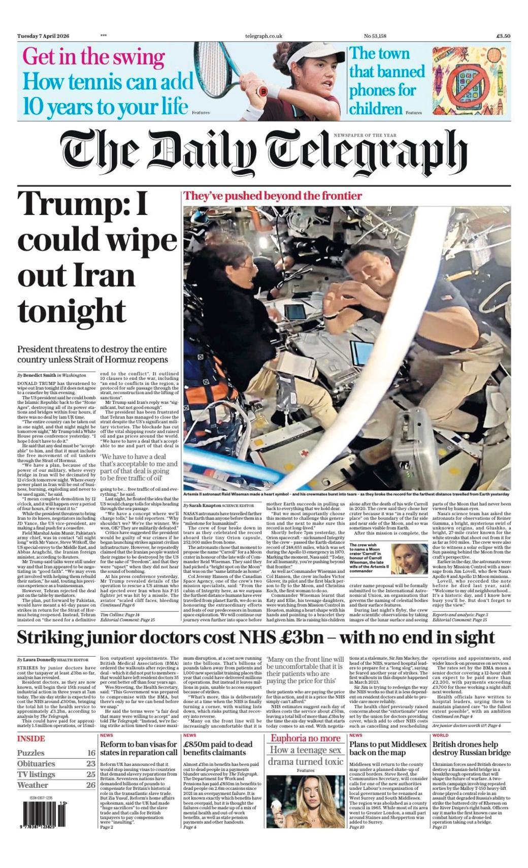 Titulli në faqen e parë të Daily Telegraph thotë: “Trump: Mund ta shkatërroj Iranin sonte”.