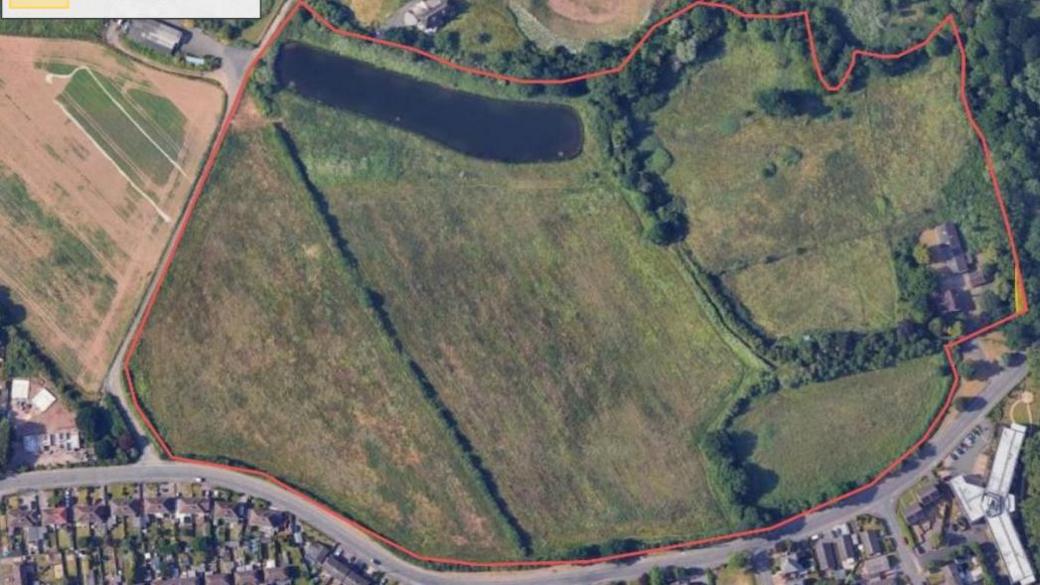 A map with red lines showing the proposed location for 250 homes off Oldbury Road.