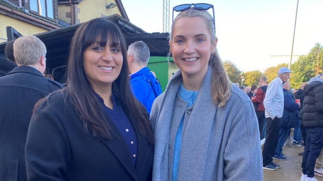 Nadiya Akhtar-Shahzad welcomes local MP Rosie Wrighting to Latimer Park, home of Kettering Town