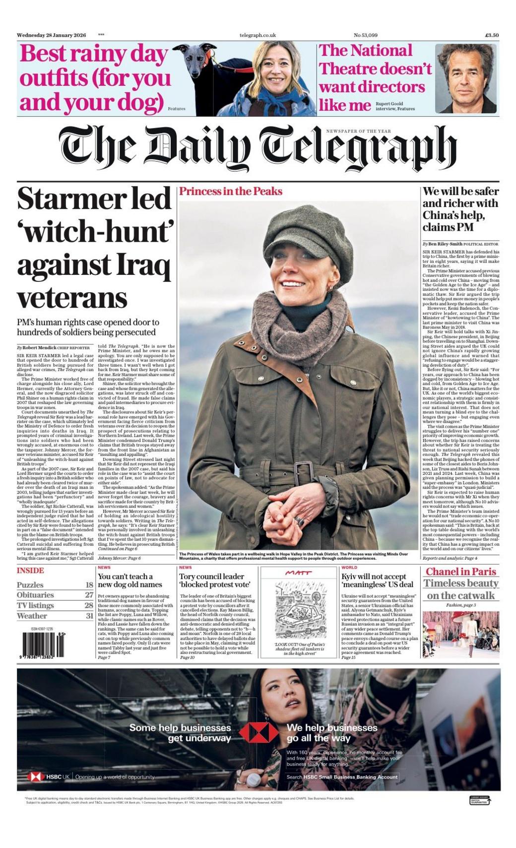 Titulli në faqen e parë të gazetës Telegraph thotë: “Starmer udhëhoqi ‘gjuetinë e shtrigave’ kundër veteranëve të Irakut”.