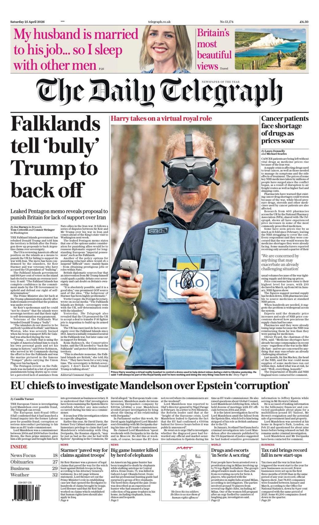 Titulli në faqen e parë të gazetës Telegraph thotë: “Ishujt Falkland i thonë ‘ngacmuesit’ Trump të tërhiqet”.