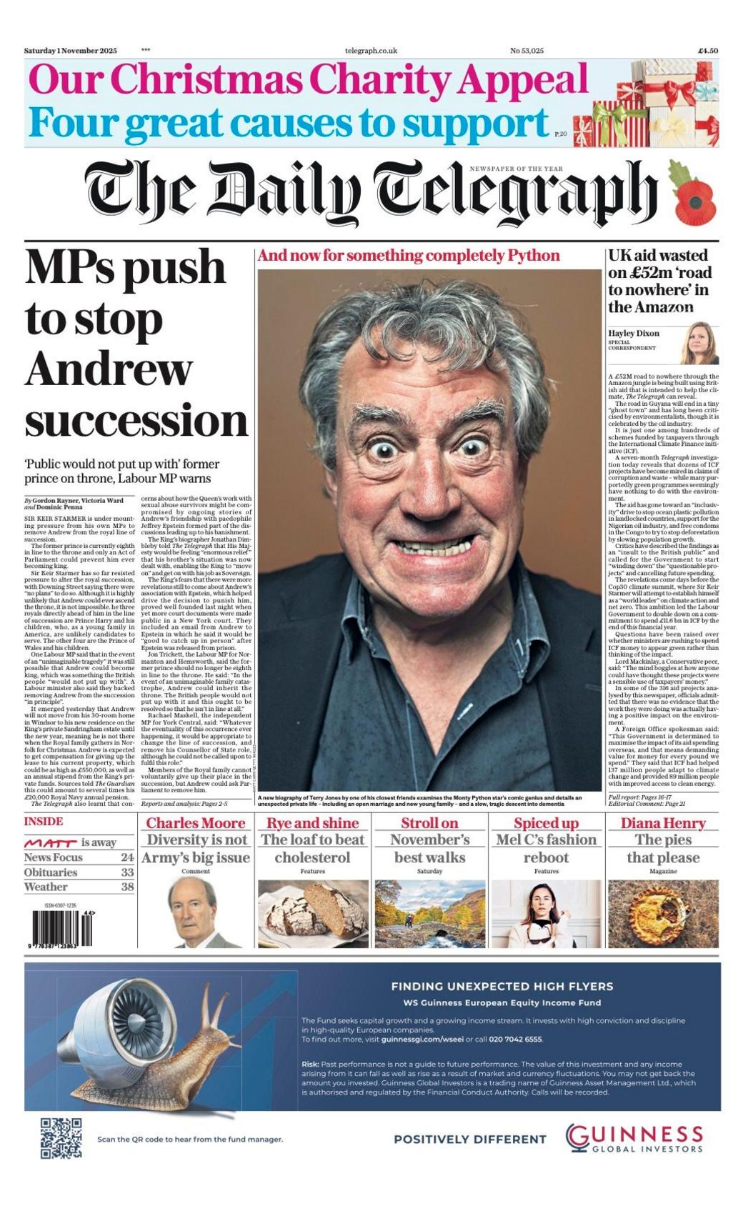 The headline on the front page of the Telegraph reads: “MPs push to stop Andrew succession”.