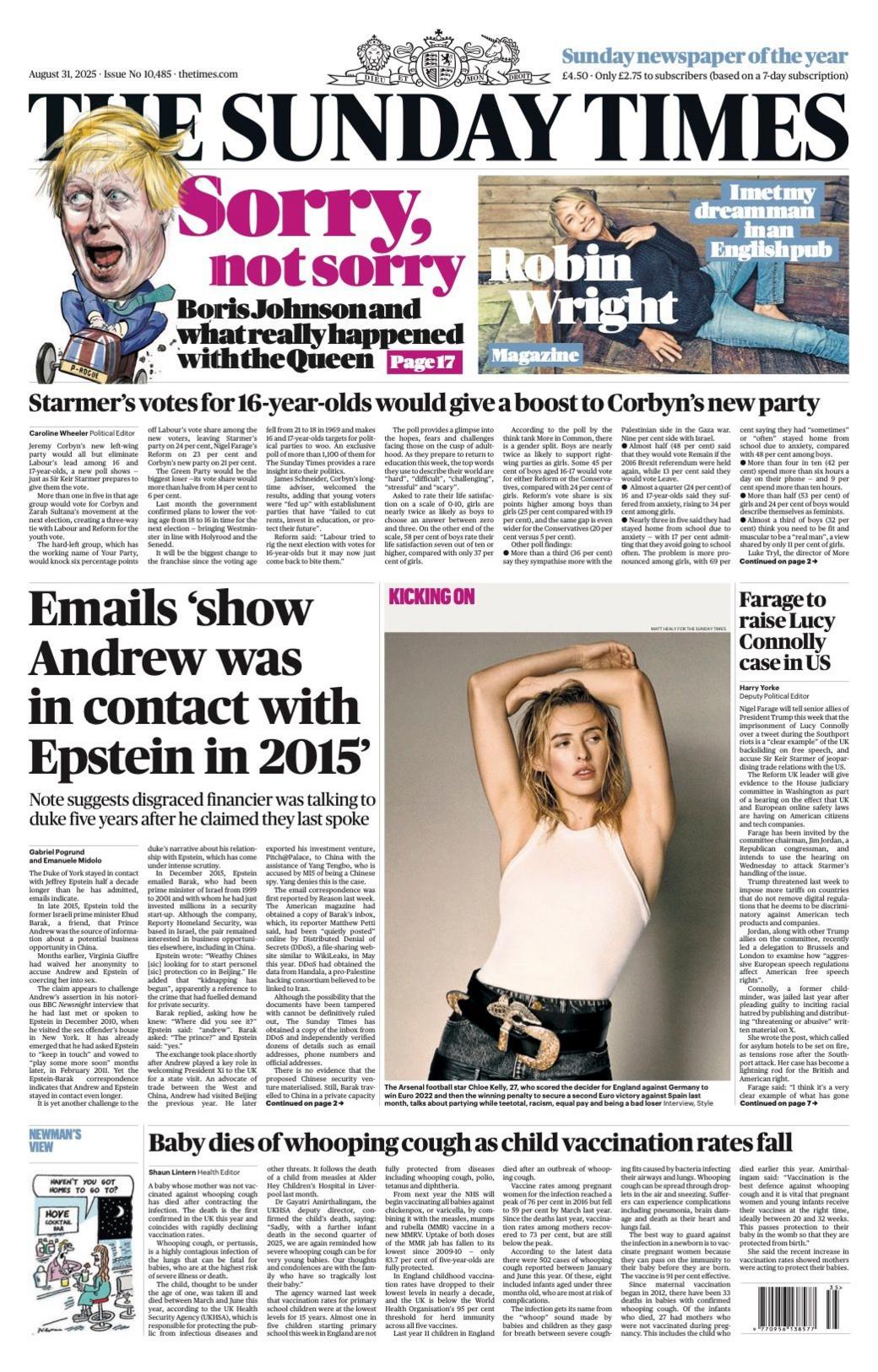 The Sunday Times lead story is "Emails 'show Andrew was in contact with Epstein in 2015'".
