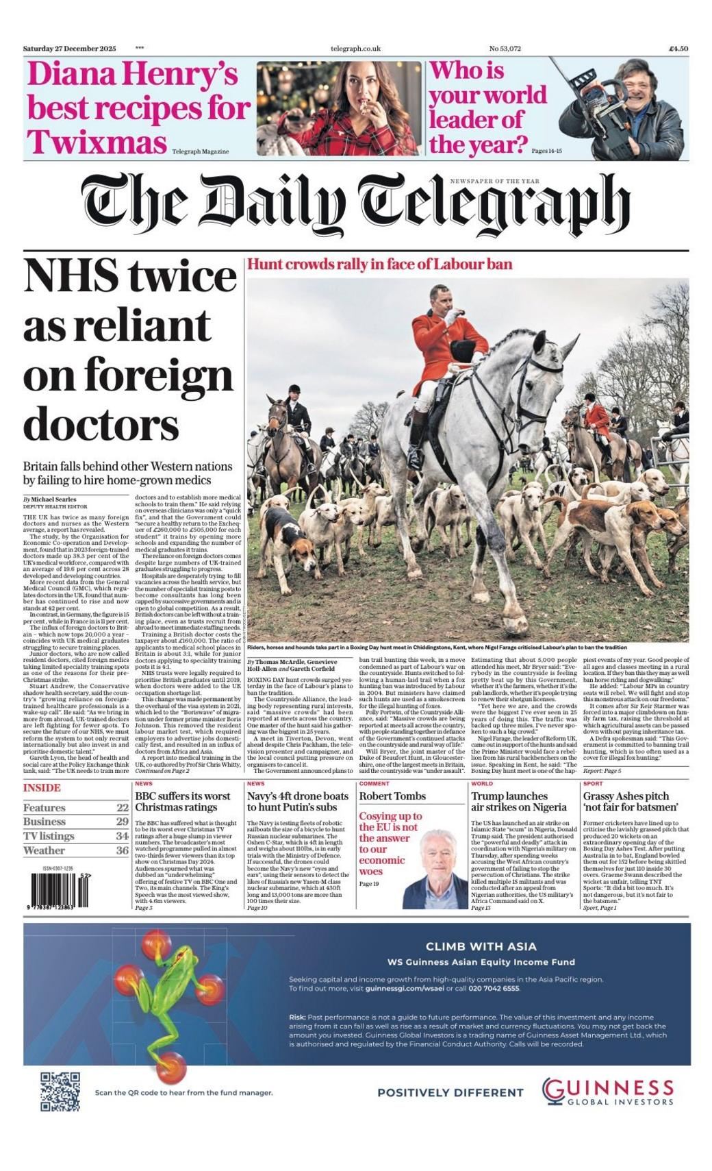 Titulli në faqen e parë të Daily Telegraph thotë: "NHS dy herë më e varur nga mjekët e huaj".