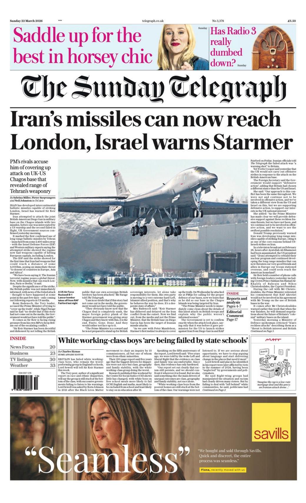 Titulli në faqen e parë të gazetës Sunday Telegraph thotë: “Raketat e Iranit tani mund të arrijnë Londrën, paralajmëron Izraeli Starmer”.