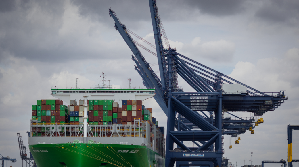 A cargo ship docked at the Port of Felixstowe in Suffolk