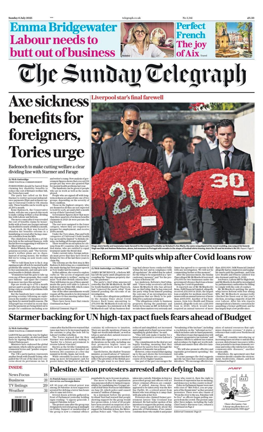 "Axe sickness benefits for foreigners, Tories urge," is the main headline on the Sunday Telegraph