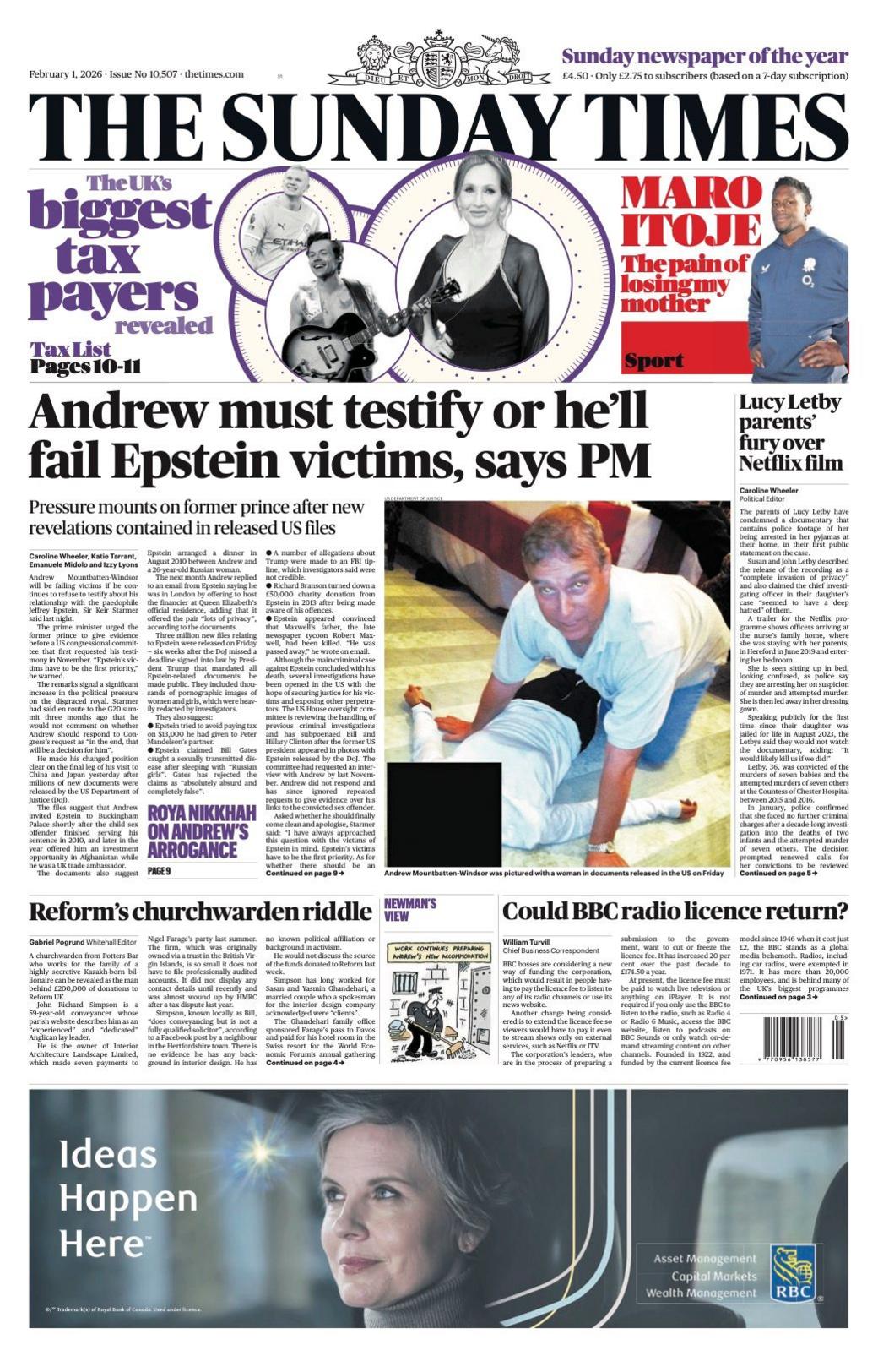 Titulli në faqen e parë të Sunday Times thotë: “Andrew duhet të dëshmojë ose do t’i zhgënjejë viktimat e Epsteinit, thotë kryeministri.”