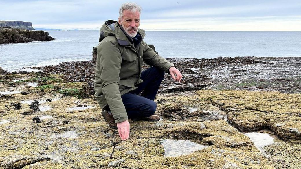 Dugald Ross has white hair and a white beard. He is wearing a green winter jacket with a hood, blue trousers and brown shoes. Is squatting down on a rocky shore next to dinosaur footprints. There is an area of sea behind him and a rocky headland in the distance.