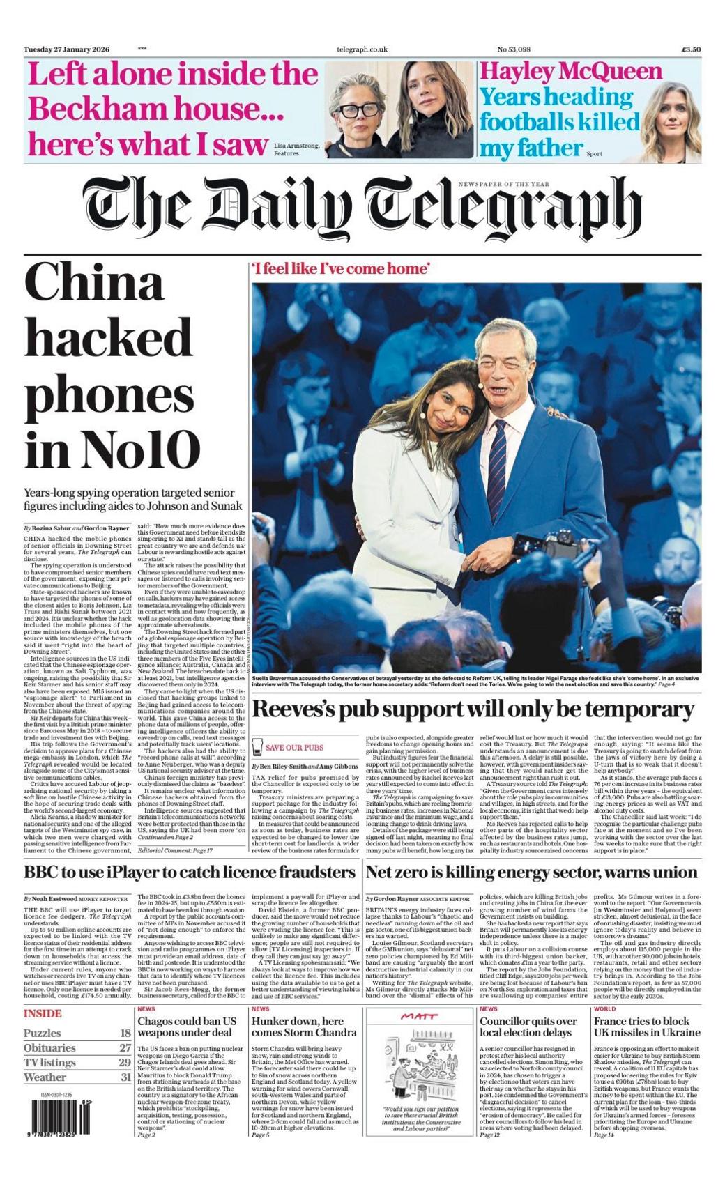 Titulli në faqen e parë të gazetës Telegraph thotë: “Kina hakoi telefonat në Nr. 10”.