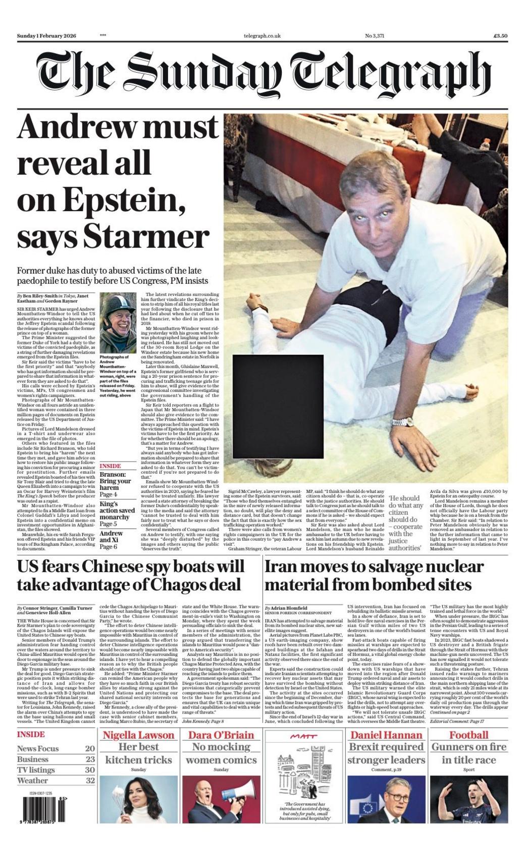 Titulli në faqen e parë të gazetës Sunday Telegraph thotë: "Andrew duhet të zbulojë gjithçka mbi Epstein, thotë Starmer."