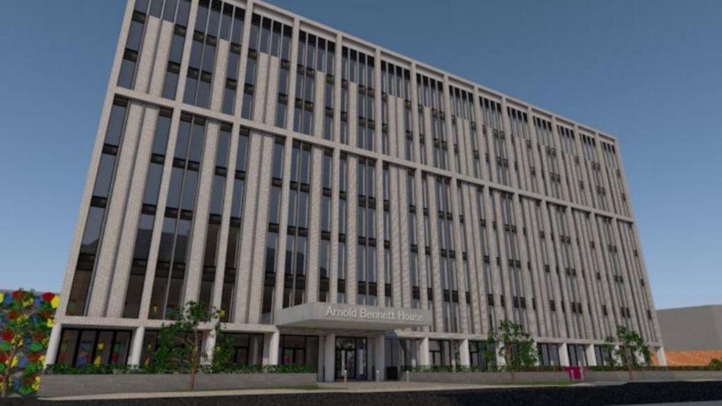 A computer-generated image showing a multi-storey apartment building, which is grey in colour. Words on a canopy above the entrance say "Arnold Bennett House".