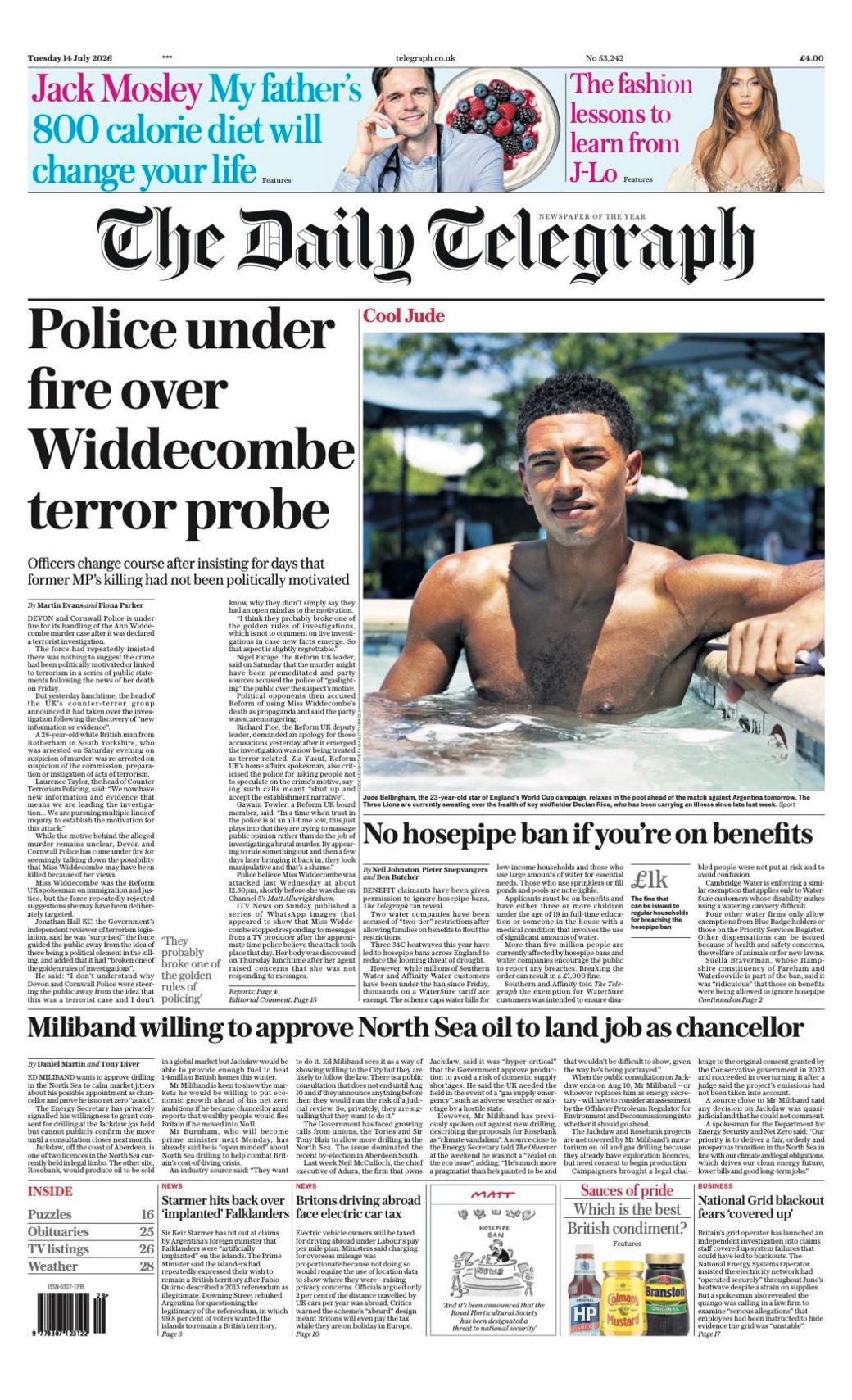 The headline on the front page of the Daily Telegraph reads: “Police under fire over Widdecombe terror probe”.