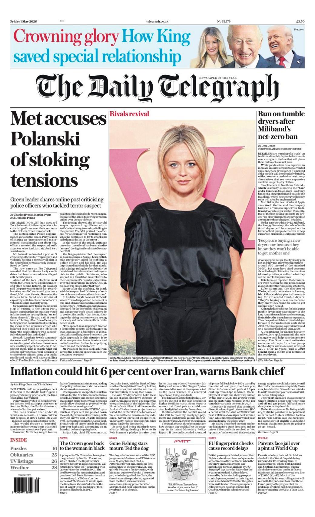 Titulli në faqen e parë të Daily Telegraph thotë: “Met akuzon Polanskin për nxitje të tensioneve”.