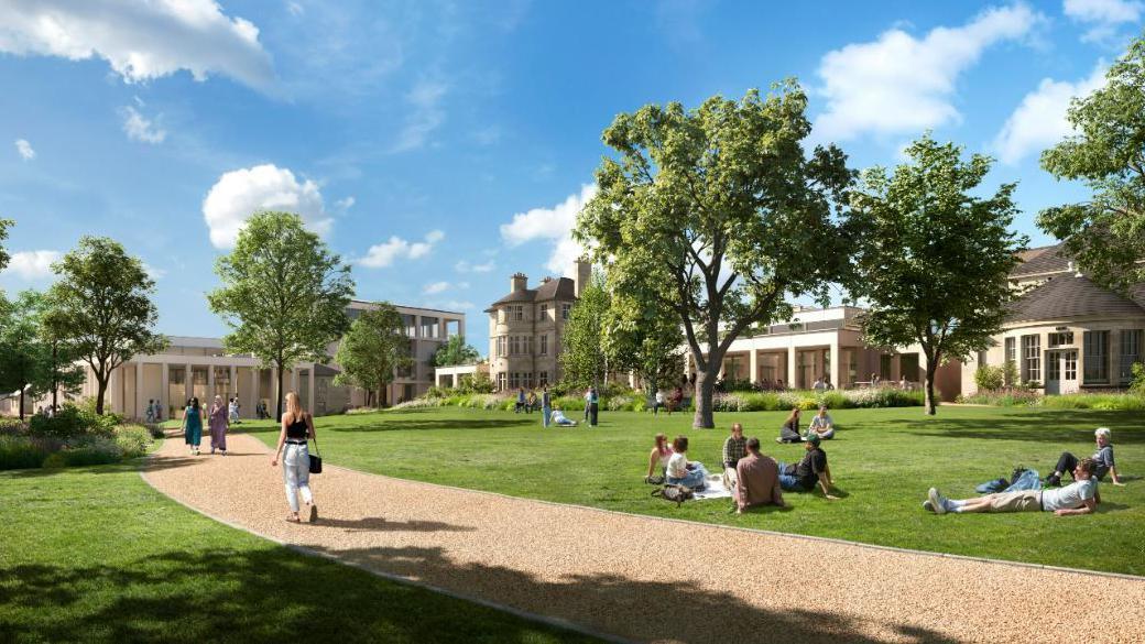 An architects image of an old white buildings developed into new ones. In the foreground is a path with green spaces either sides and CGI students relaxing and chatting