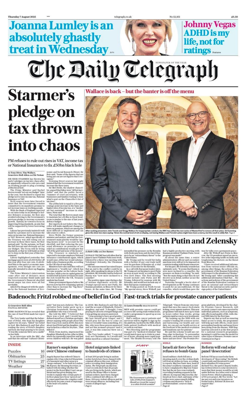 The headline on the front page of the Telegraph reads: “Starmer's pledge on tax thrown into chaos”