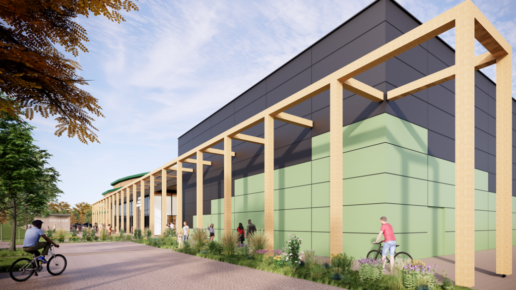 Artist impression of  Five Acres' new sports hall, which is green and black and has people walking and cycling outside.