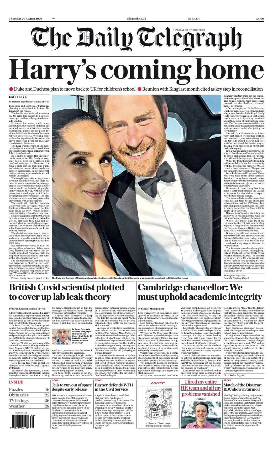 The headline on the front page of the Daily Telegraph reads: "Harry's coming home."