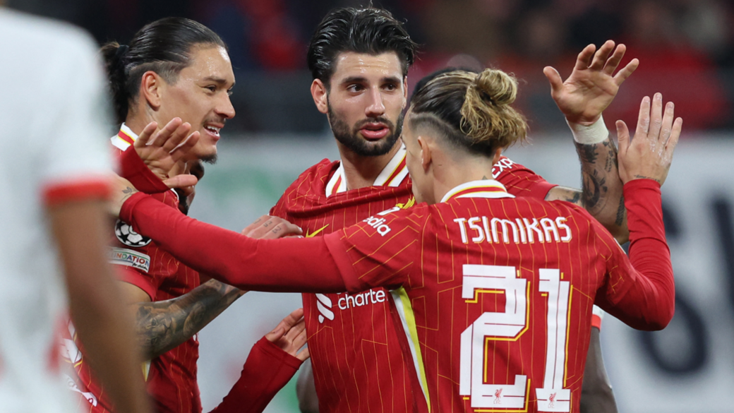 Liverpool's players celebrate scoring against RB Leipzig