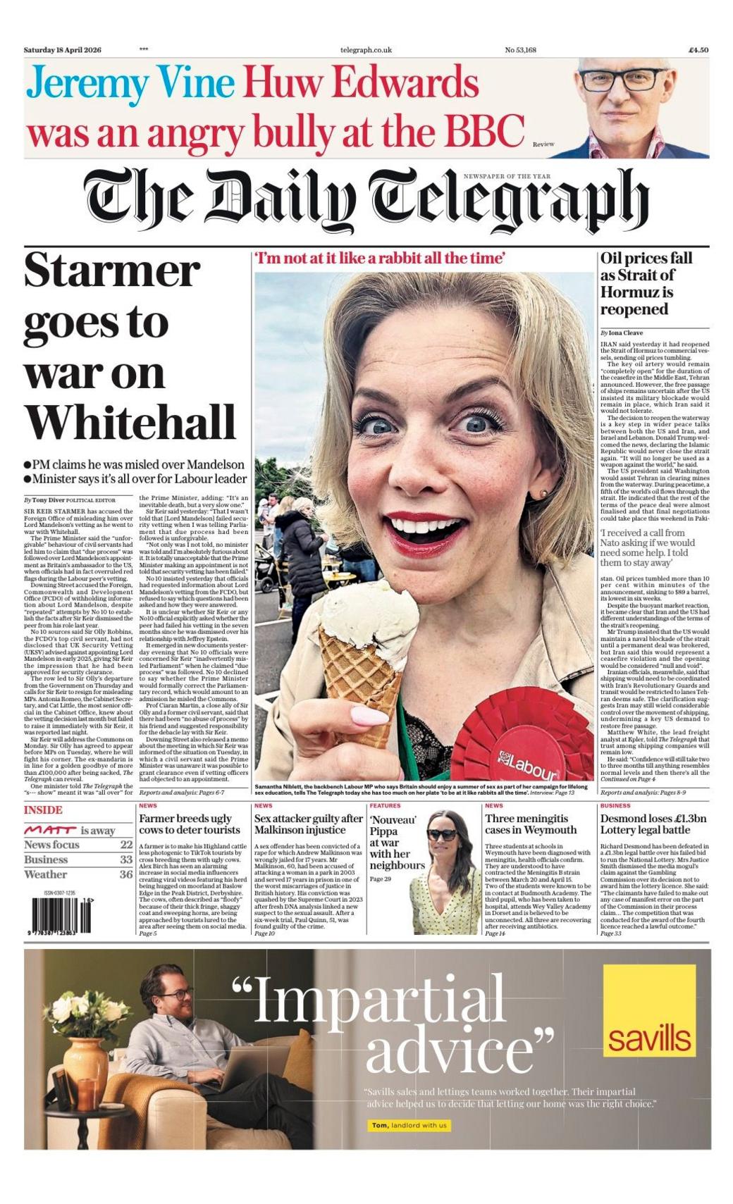 Titulli në faqen e parë të Daily Telegraph thotë: "Starmer i hyn në luftë Whitehall-it".