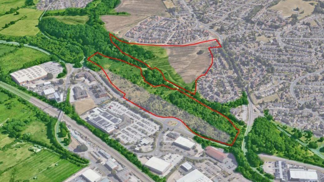 An aerial view and outline of the area where the development would be built