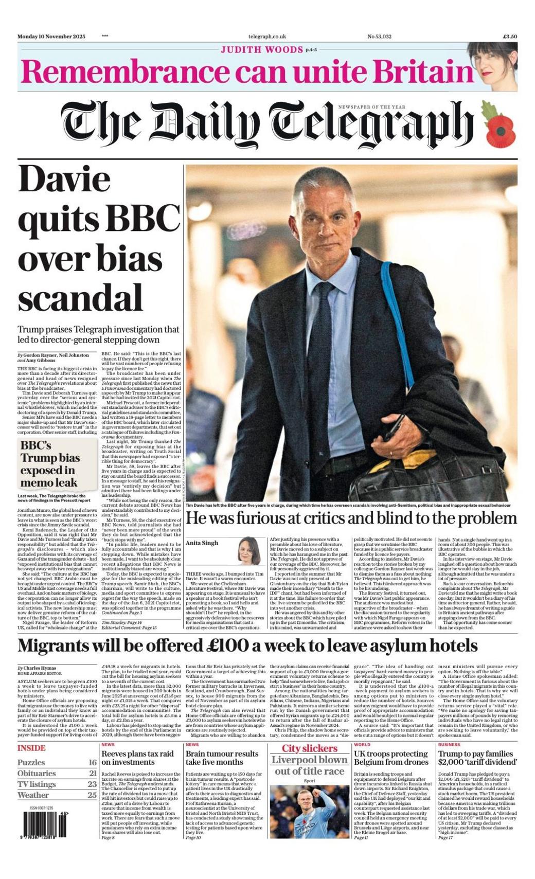 The headline on the front page of the Daily Telegraph reads: "Davie quits BBC over bias scandal".