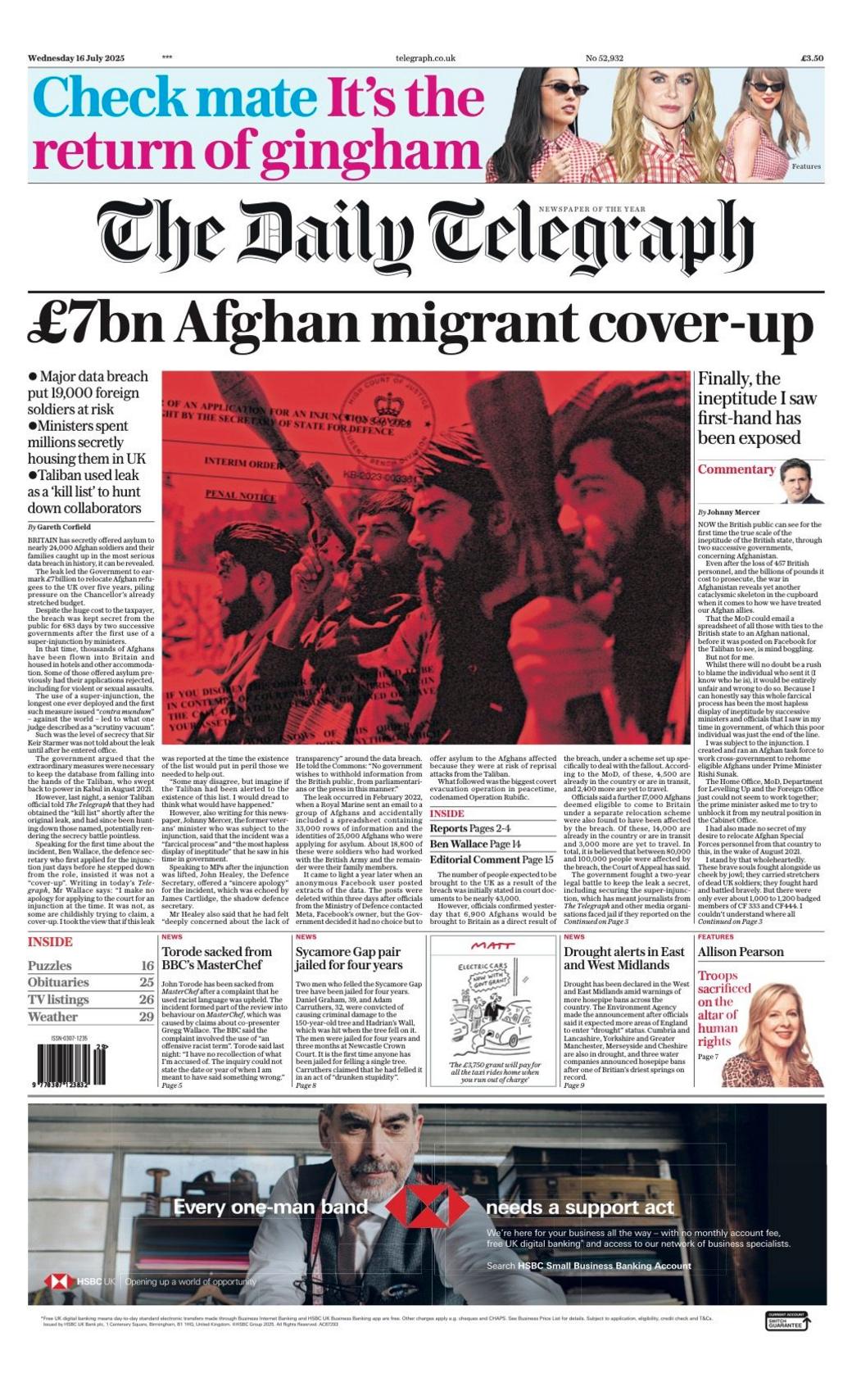 The headline on the front page of the Daily Telegraph reads: "£7bn Afghan migrant cover-up".