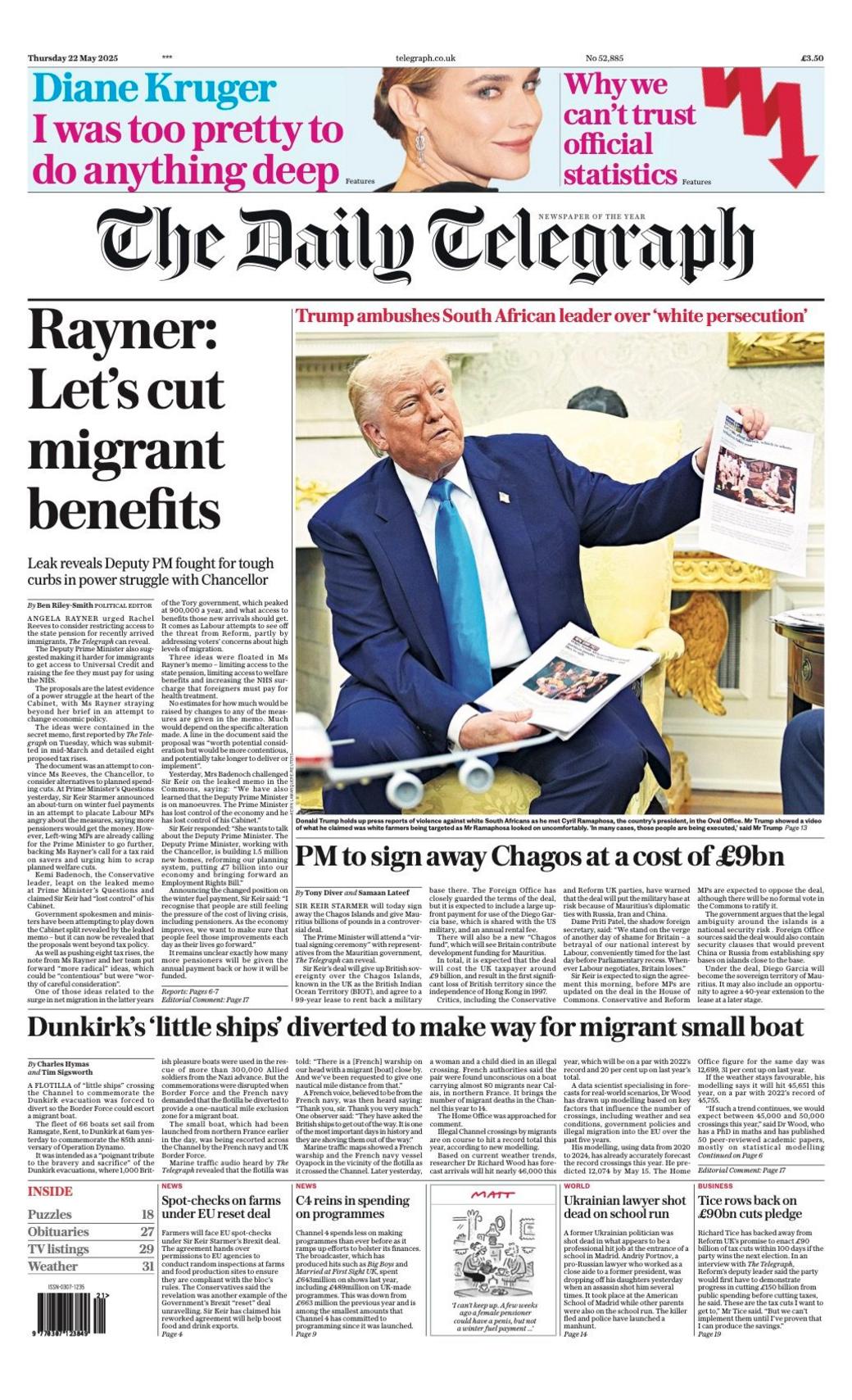The headline of the front page of the Daily Telegraph reads: "Rayner: Let's cut migrant benefits".