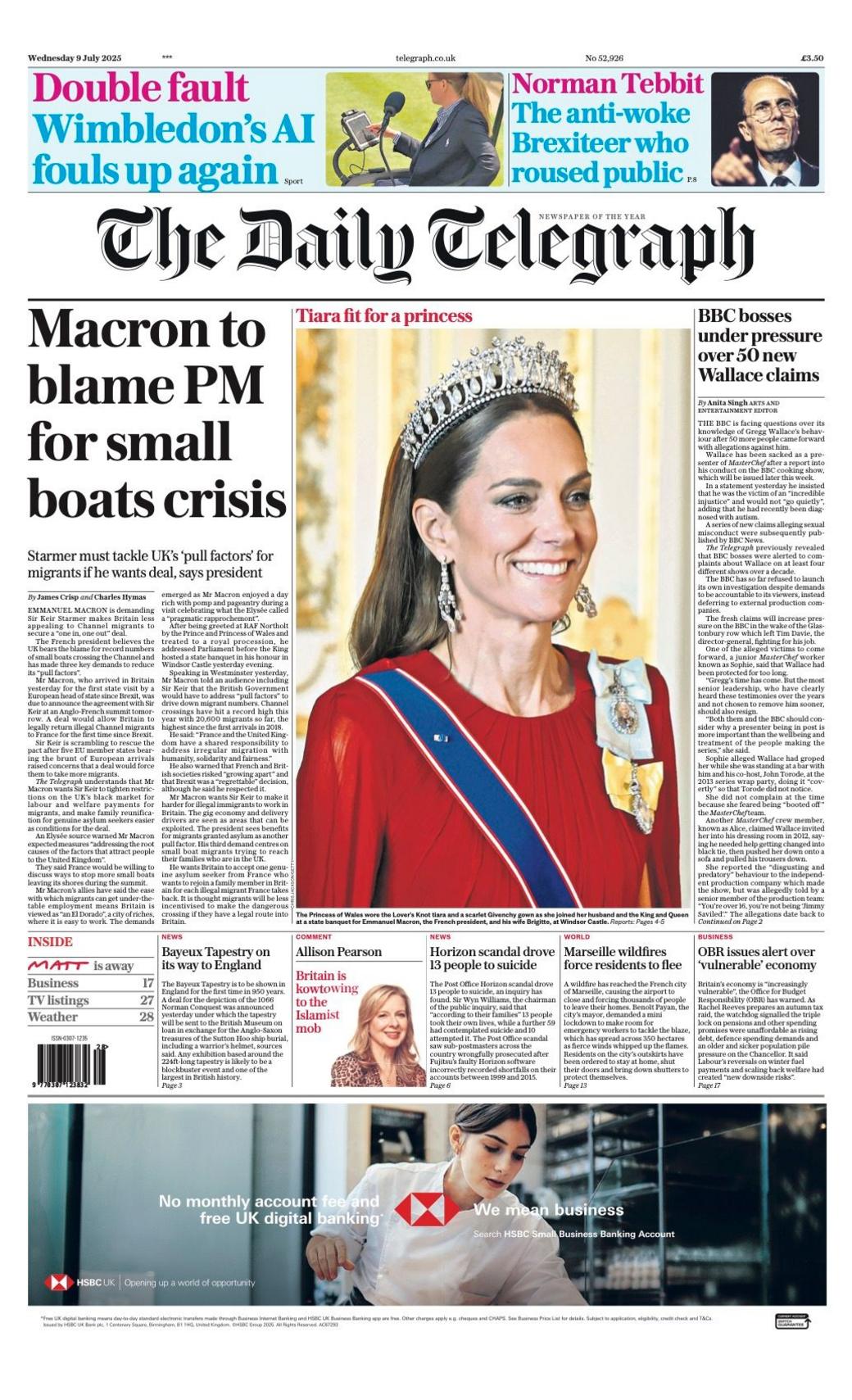 "Macron to blame PM for small boats crisis," is the headline on the front page of the Daily Telegraph