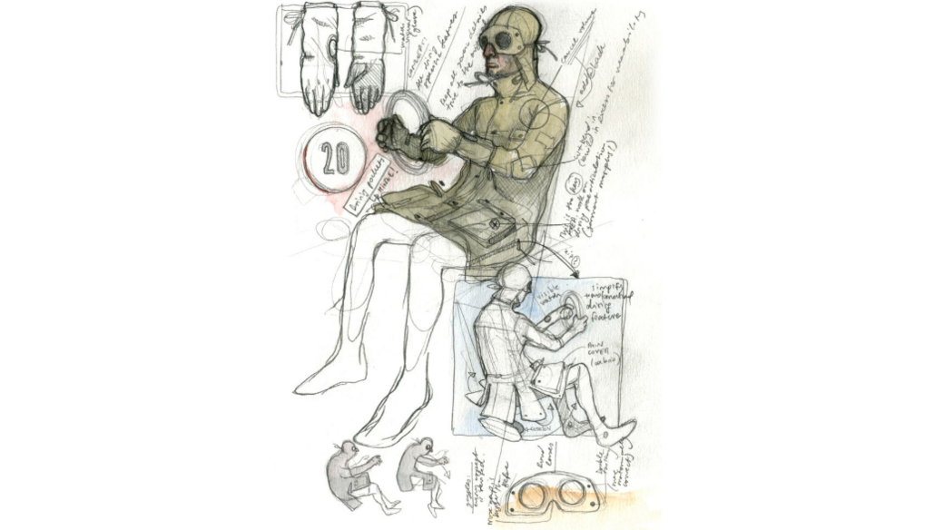 Artists sketch of a collaborative work between CP Company and Aitor Throup. It shows a drawing of a person dressed in a green CP Company jacket sat down behind the wheel of a car