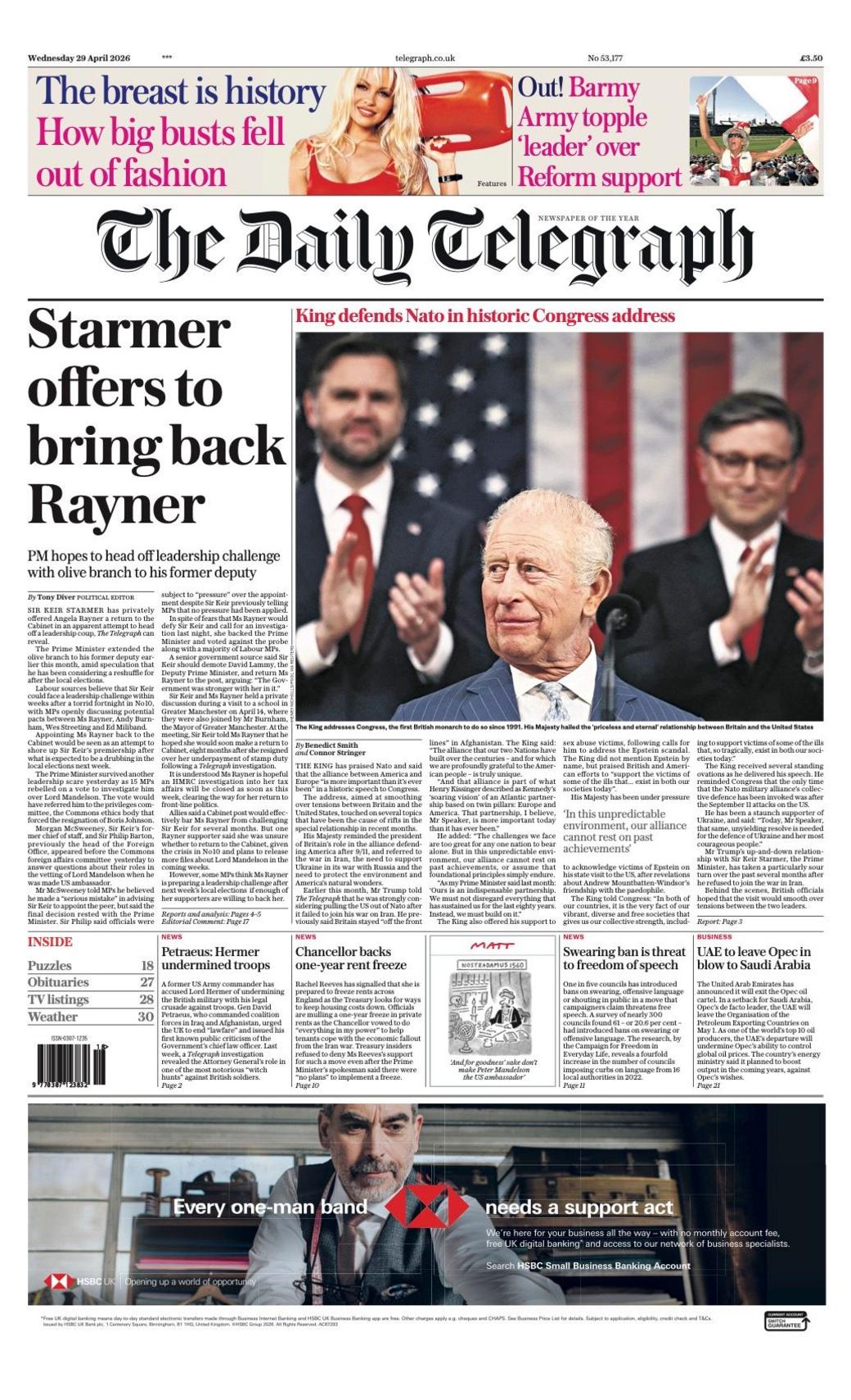 Titulli në faqen e parë të Daily Telegraph thotë: "Starmer ofron të rikthejë Rayner-in".