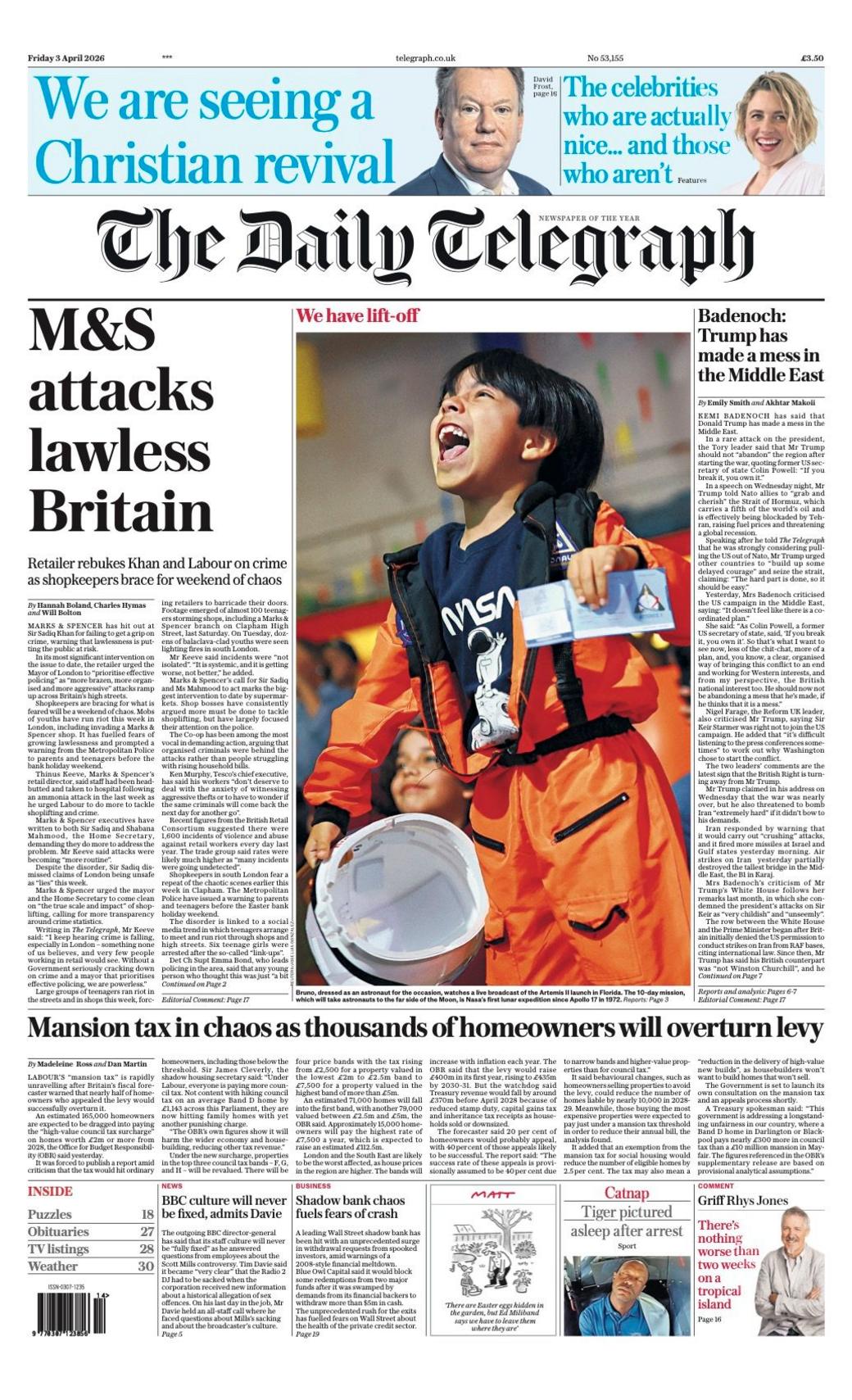 Titulli në faqen e parë të Daily Telegraph thotë: "M&S sulmon Britaninë e paligjshme".