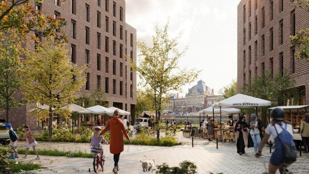 Artist impression of the scheme, showing a plaza with shops and cafes