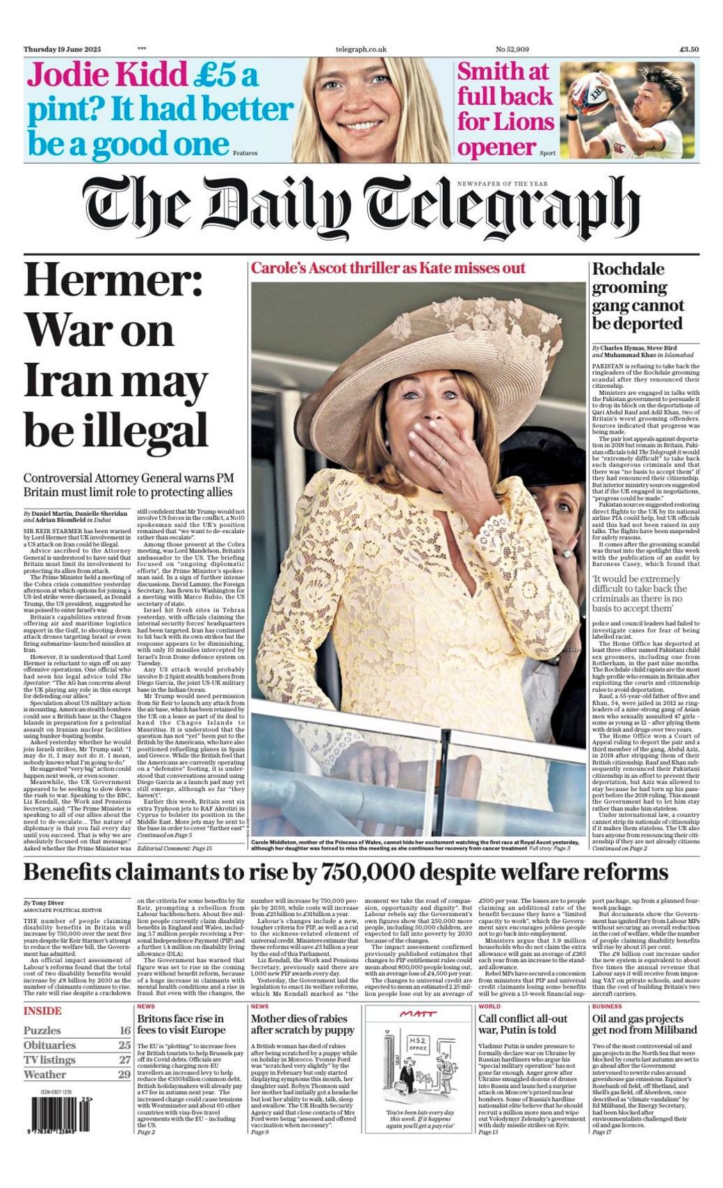The headline on the front page of the Daily Telegraph reads: "Hermer: War on Iran may be illegal".