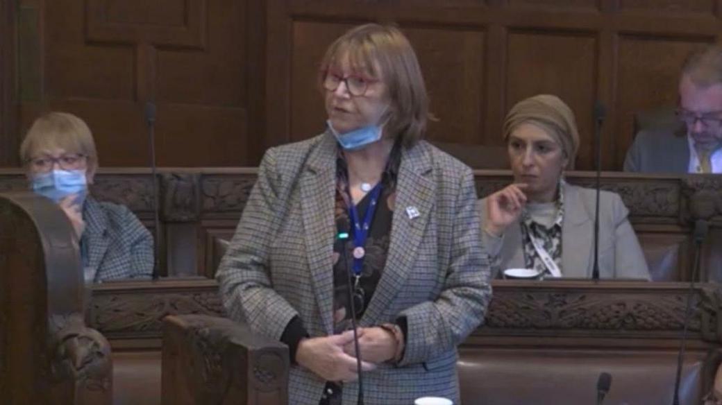 Catherine Miks in a chequered pattern grey jacket stands in front of an ornate wooden seat with council colleagues behind her. She is wearing glasses and is speaking into a microphone.