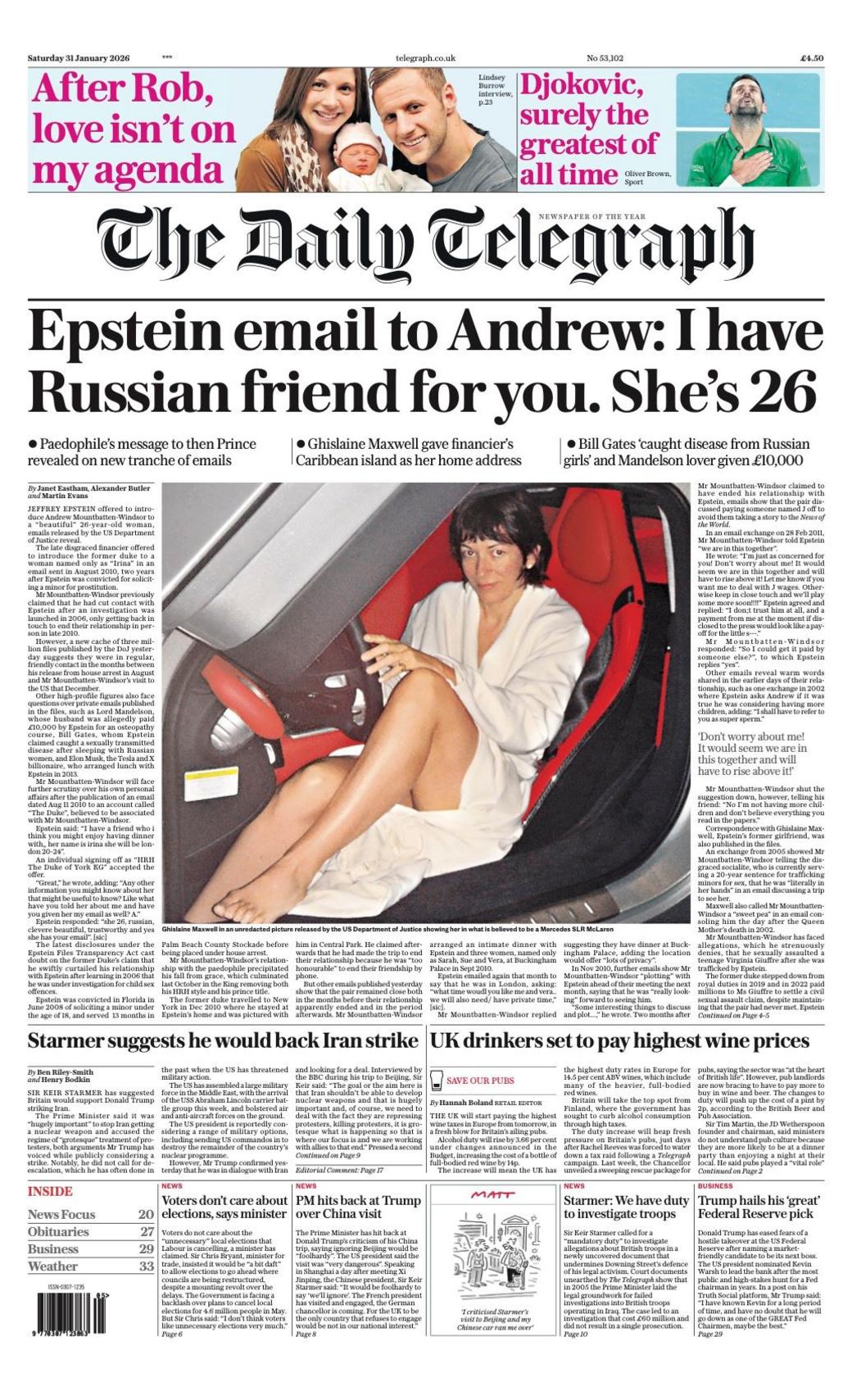 Titulli në faqen e parë të Daily Telegraph thotë: "Epstein i dërgon email Andrew-t: Kam një mikeshë ruse për ty. Ajo është 26 vjeçe."