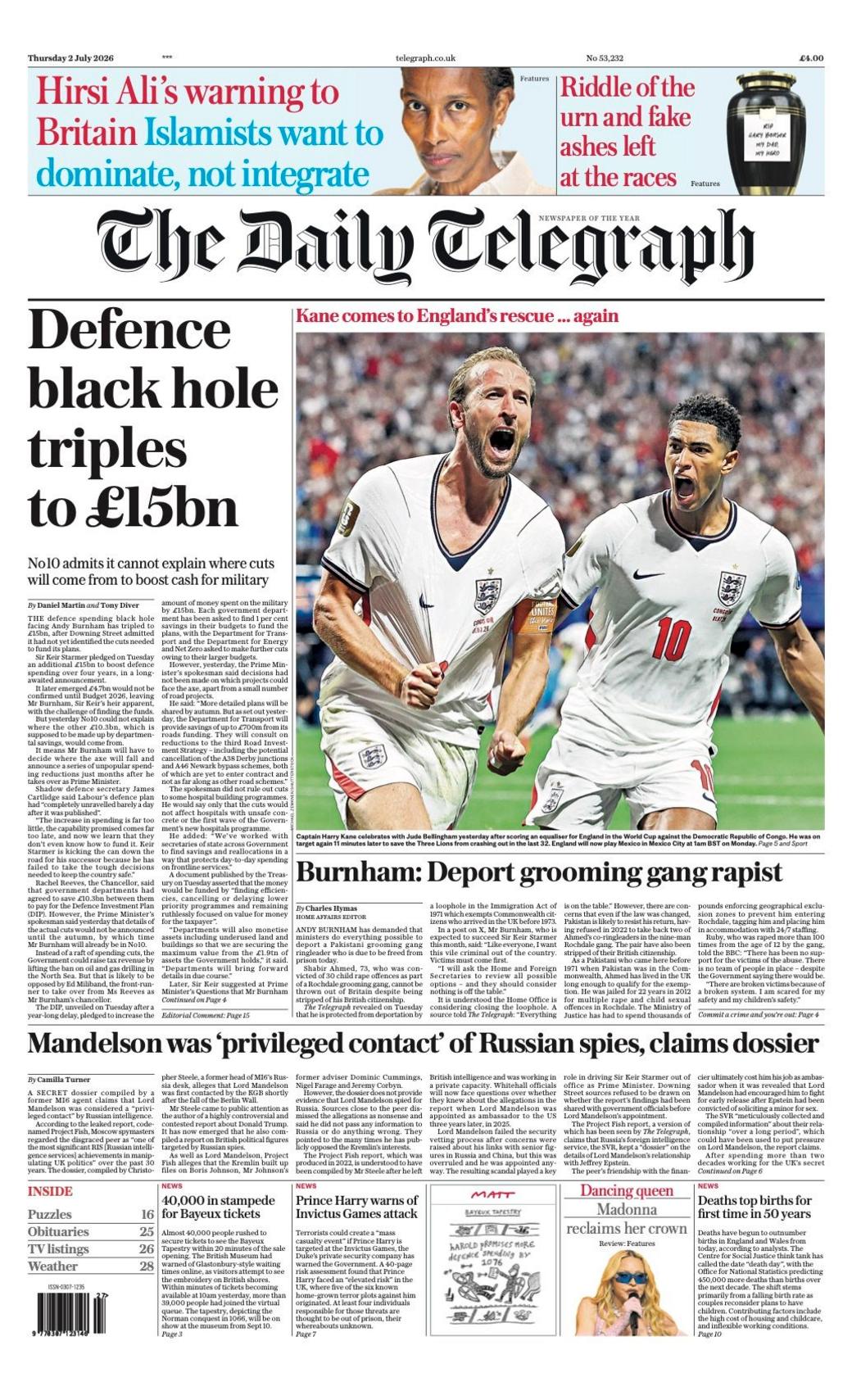 Newspaper headlines: 'Kane to the rescue' and 'defence black hole ...
