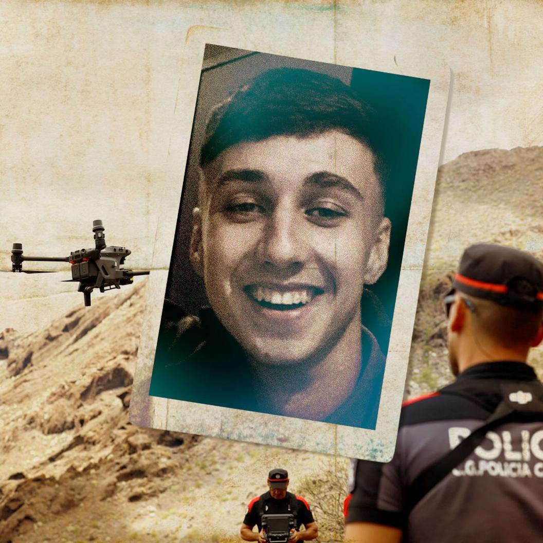 A picture of Jay Slater and Spanish police searching mountains for him