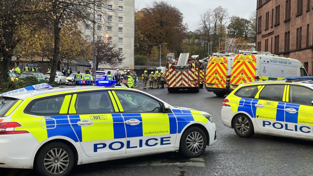 Two police cars in front of shot, with fire engines and fire crews behind and the bottom floors of the tower block also visible in background